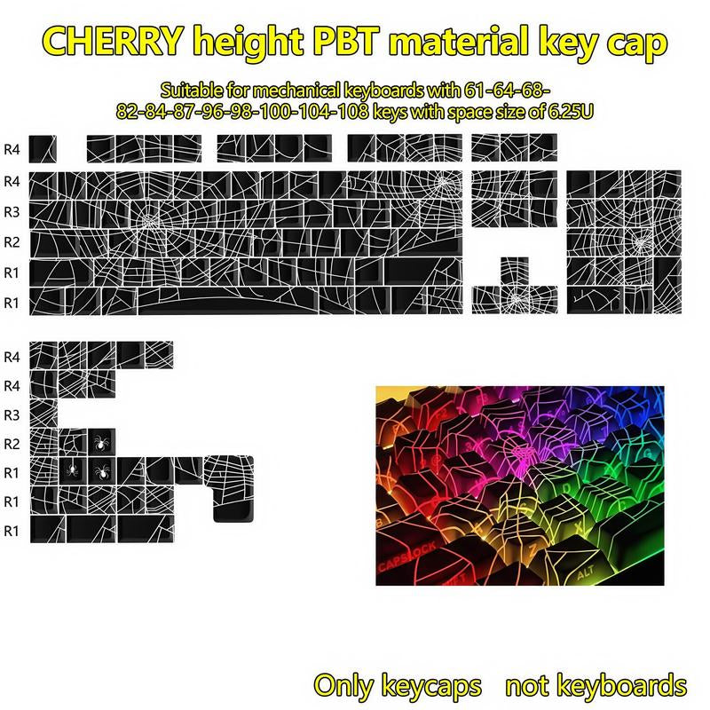 Spider Web Side Engraved Keycaps, 1 Set Transparent & Thermally Sublimated PBT Keycaps, Keyboard Accessories for Mechanical Keyboards