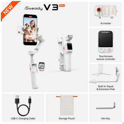 Hohem Isteady V3 Ultra NEW Gimbal,Detachable Touchscreen Remote,Advanced AI Tracking with Any App,360° Infinite Pan Tracking,Select People&Obeject on Touchscreen to Track,3-Color Fill Light,3-Axis Stabilization