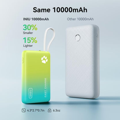 INIU Pawgo 45W Power Bank, Portable Charger, Slimmest 10000Mah Power Bank with Build in USB-C Cable, 45W PD Fast Charging USB C In&Out Battery Pack, External Phone Charger for Iphone 17 16 15 14 13 12 11 Samsung S24 S23 S22 Google Compact Handy Switch 2