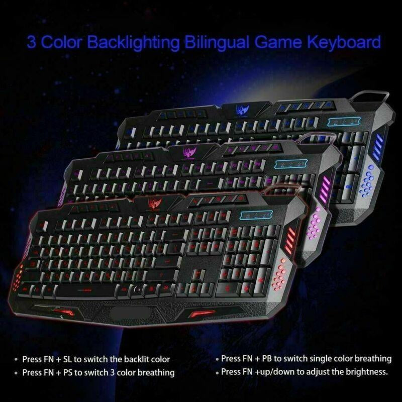 RGB Gaming Mechanical Keyboard + Mouse Set, Wired Membrane Keys Led Backlit 3 Colors
