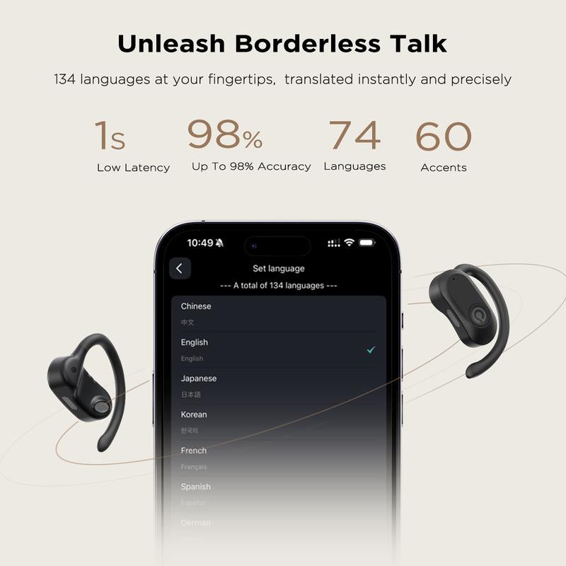 Wireless Bone Conduction Translation Earbuds with APP Support 134 Languages Translate, Intelligent Translator with Virtual Assistant, Bluetooth 5.4