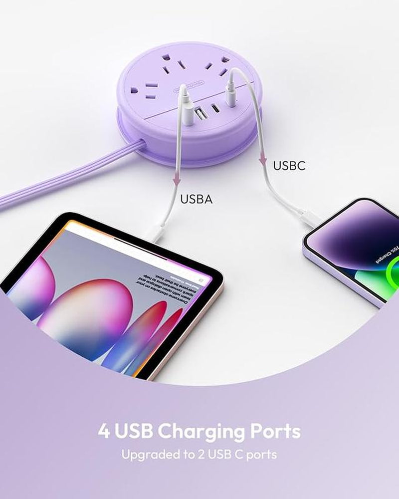 NTONPOWER Travel Power Strip — Purple round Design 3 AC Outlets + 4 USB (2 USB-C), 4Ft Wrap-Around Flat Cord, Cruise Approved Perfect Gift for Travel