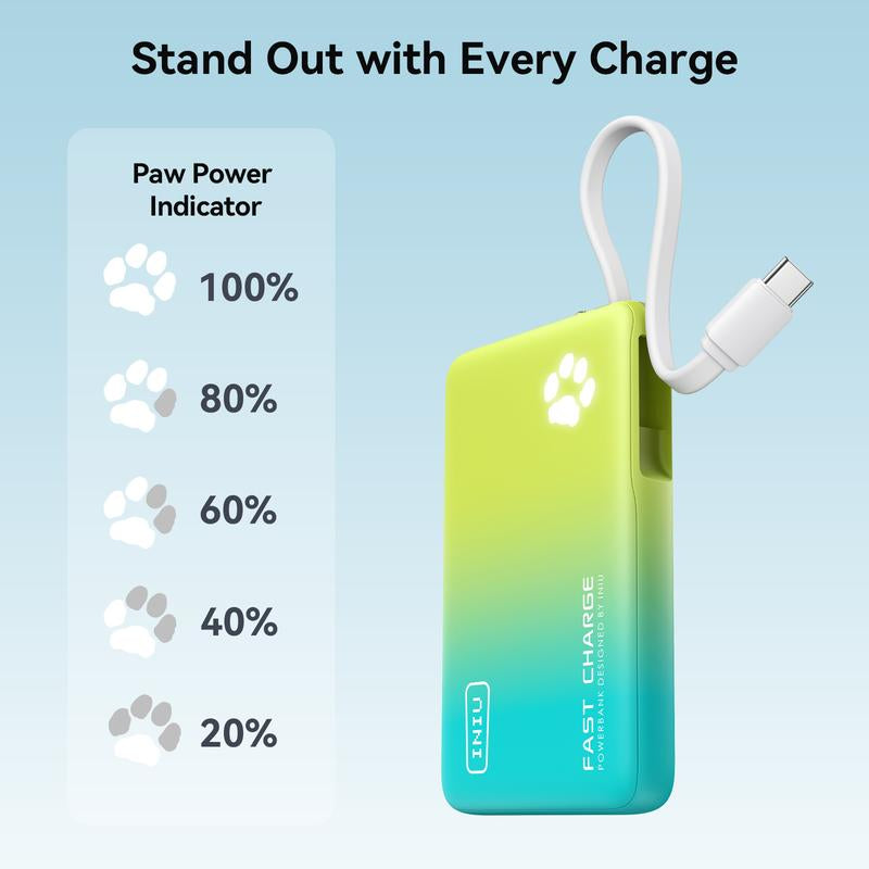 INIU Pawgo 45W Power Bank, Portable Charger, Slimmest 10000Mah Power Bank with Build in USB-C Cable, 45W PD Fast Charging USB C In&Out Battery Pack, External Phone Charger for Iphone 17 16 15 14 13 12 11 Samsung S24 S23 S22 Google Compact Handy Switch 2