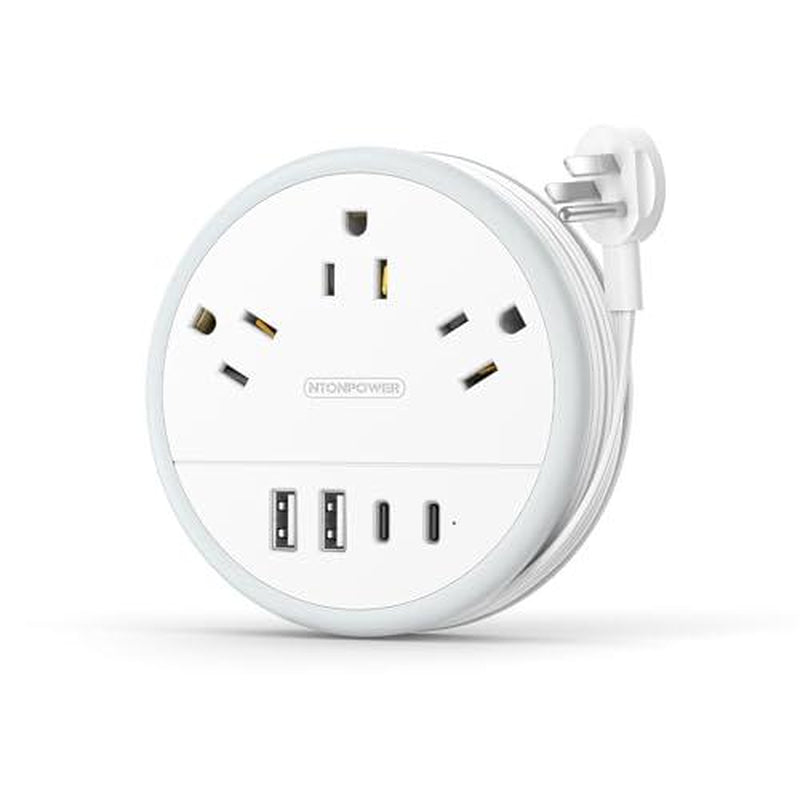 NTONPOWER Travel Power Strip — Purple round Design 3 AC Outlets + 4 USB (2 USB-C), 4Ft Wrap-Around Flat Cord, Cruise Approved Perfect Gift for Travel