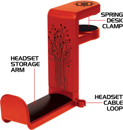 PC Gaming Headset Holder - Desk Headphone Hanger with Adjustable 360 Rotation, under Desk Headphone Hook Clamp, Universal Fit - Built in Cable Clip Organizer - Red