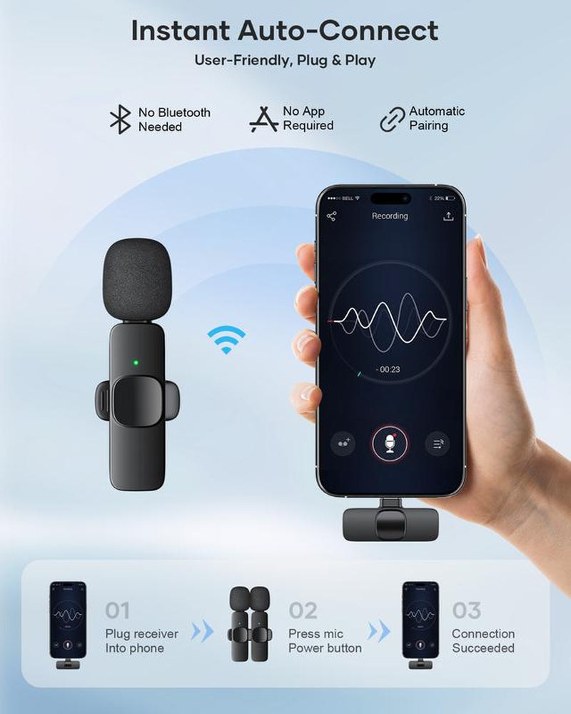 KUKIHO K9 2 Pack Wireless Lavalier Microphone for Iphone Ipad and Android Phone, Lapel Mic Plug and Play Wireless Mic Noise Reduction Microphone for Video Recording Interview Podcast Vlog Youtube Tiktok