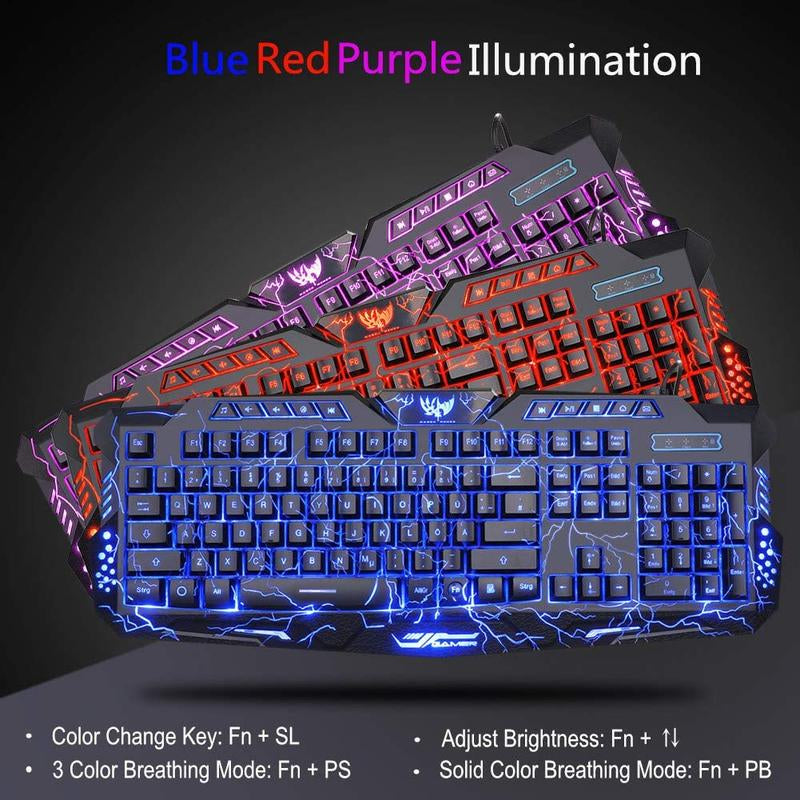 RGB Gaming Mechanical Keyboard + Mouse Set, Wired Membrane Keys Led Backlit 3 Colors