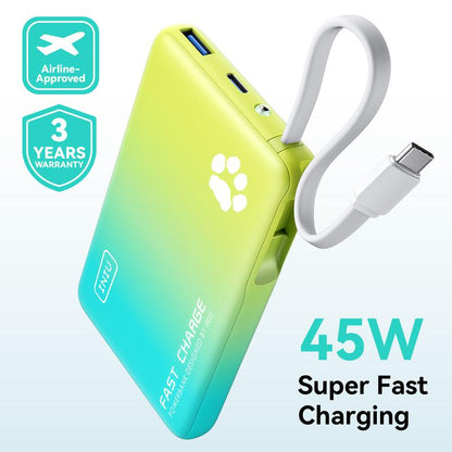 INIU Pawgo 45W Power Bank, Portable Charger, Slimmest 10000Mah Power Bank with Build in USB-C Cable, 45W PD Fast Charging USB C In&Out Battery Pack, External Phone Charger for Iphone 17 16 15 14 13 12 11 Samsung S24 S23 S22 Google Compact Handy Switch 2