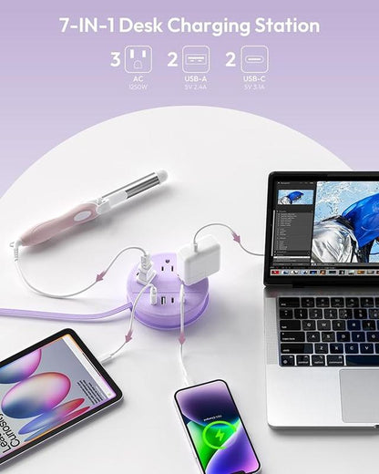 NTONPOWER Travel Power Strip — Purple round Design 3 AC Outlets + 4 USB (2 USB-C), 4Ft Wrap-Around Flat Cord, Cruise Approved Perfect Gift for Travel