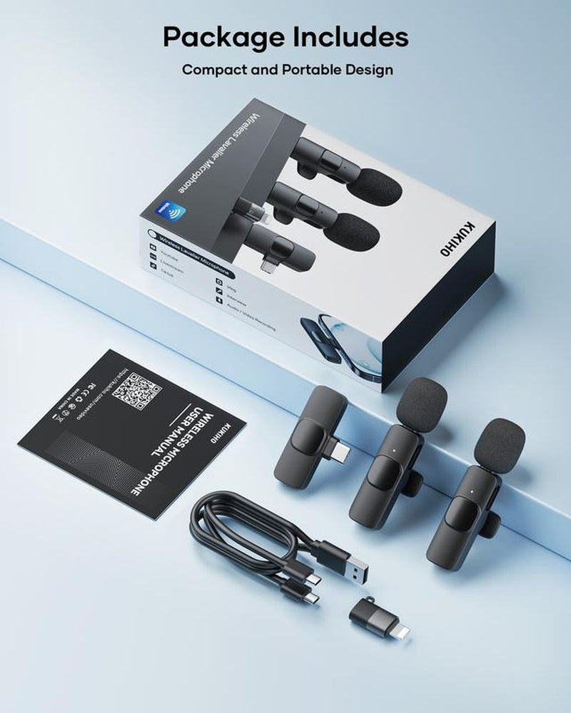 KUKIHO K9 2 Pack Wireless Lavalier Microphone for Iphone Ipad and Android Phone, Lapel Mic Plug and Play Wireless Mic Noise Reduction Microphone for Video Recording Interview Podcast Vlog Youtube Tiktok
