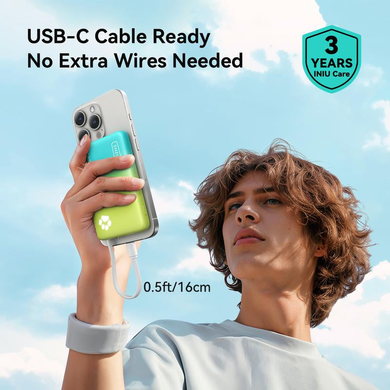 INIU Pawgo 45W Power Bank, Portable Charger, Slimmest 10000Mah Power Bank with Build in USB-C Cable, 45W PD Fast Charging USB C In&Out Battery Pack, External Phone Charger for Iphone 17 16 15 14 13 12 11 Samsung S24 S23 S22 Google Compact Handy Switch 2