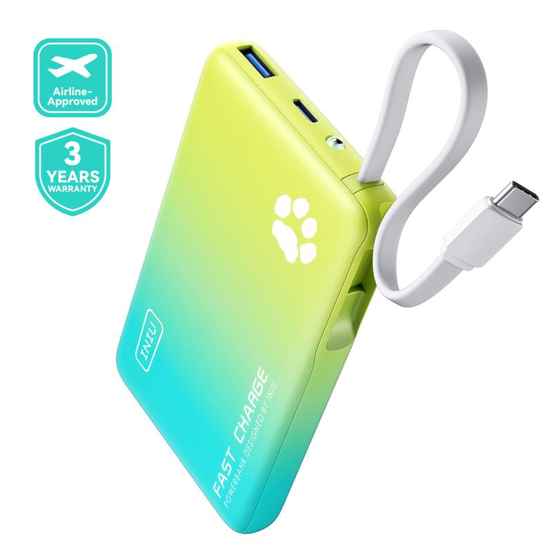 INIU Pawgo 45W Power Bank, Portable Charger, Slimmest 10000Mah Power Bank with Build in USB-C Cable, 45W PD Fast Charging USB C In&Out Battery Pack, External Phone Charger for Iphone 17 16 15 14 13 12 11 Samsung S24 S23 S22 Google Compact Handy Switch 2