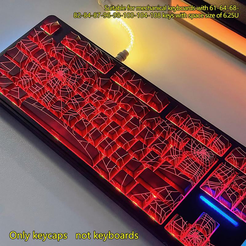 Spider Web Side Engraved Keycaps, 1 Set Transparent & Thermally Sublimated PBT Keycaps, Keyboard Accessories for Mechanical Keyboards