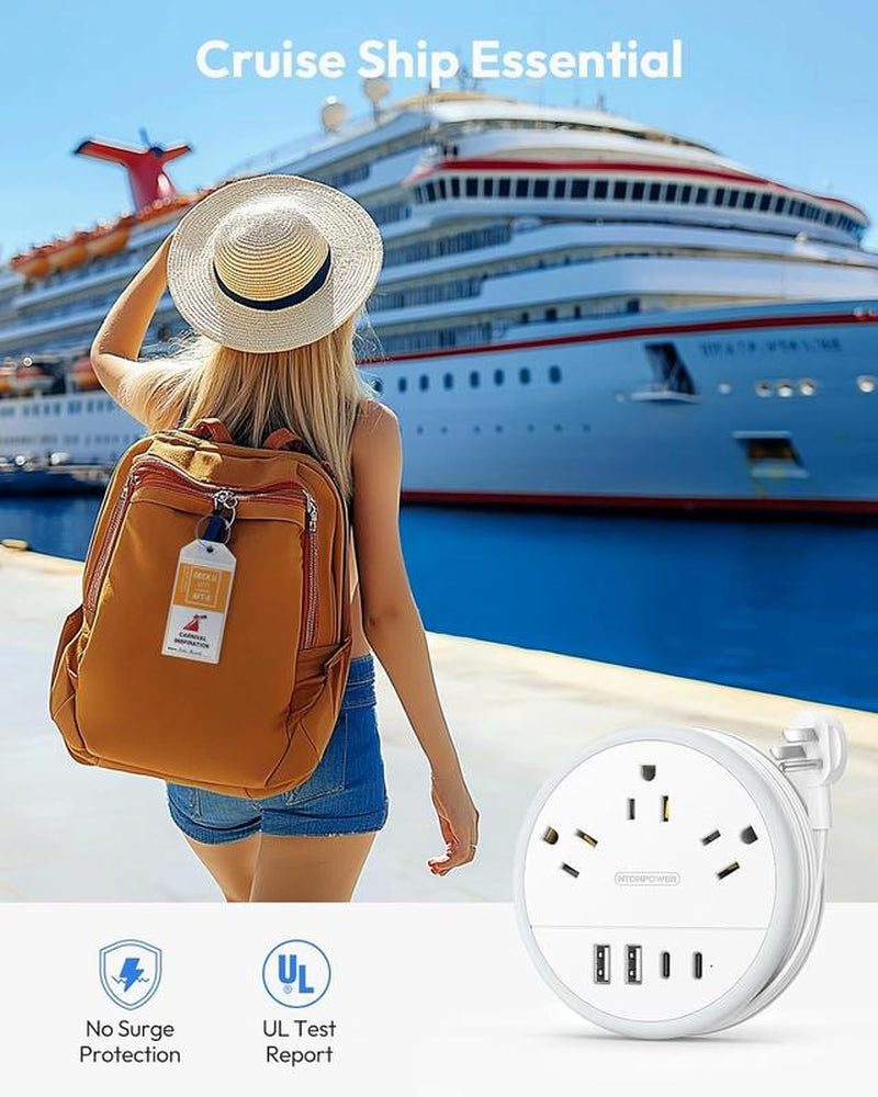 NTONPOWER Travel Power Strip — Purple round Design 3 AC Outlets + 4 USB (2 USB-C), 4Ft Wrap-Around Flat Cord, Cruise Approved Perfect Gift for Travel