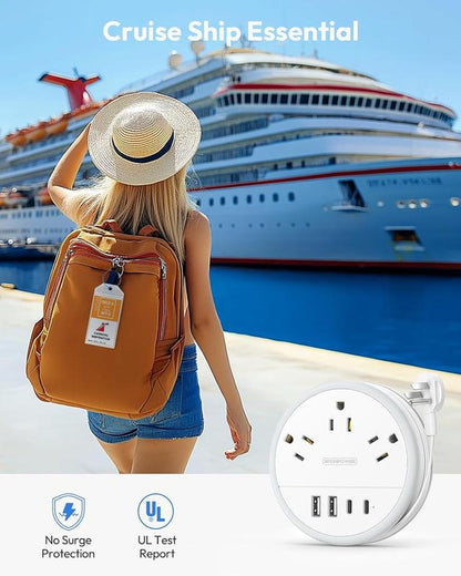 NTONPOWER Travel Power Strip — Purple round Design 3 AC Outlets + 4 USB (2 USB-C), 4Ft Wrap-Around Flat Cord, Cruise Approved Perfect Gift for Travel