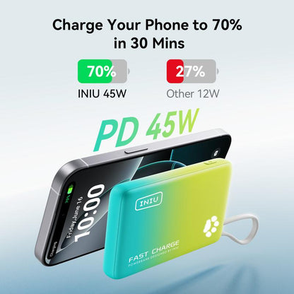 INIU Pawgo 45W Power Bank, Portable Charger, Slimmest 10000Mah Power Bank with Build in USB-C Cable, 45W PD Fast Charging USB C In&Out Battery Pack, External Phone Charger for Iphone 17 16 15 14 13 12 11 Samsung S24 S23 S22 Google Compact Handy Switch 2