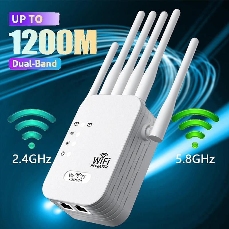 Wifi Extender 2025 with 6 Antennas, 1200Mbps Dual Band Booster, 12,000 Sq.Ft Coverage, Supports 100 Devices, Repeater & Ethernet Port