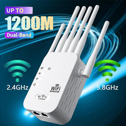 Wifi Extender 2025 with 6 Antennas, 1200Mbps Dual Band Booster, 12,000 Sq.Ft Coverage, Supports 100 Devices, Repeater & Ethernet Port