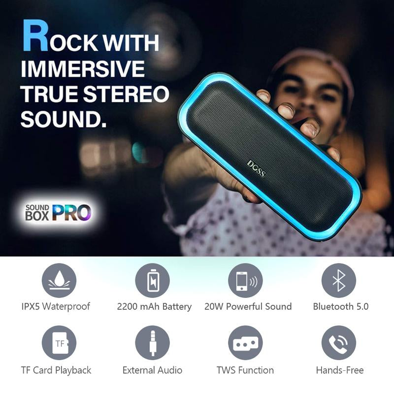 DOSS Soundbox Pro Bluetooth Speaker with 20W Stereo Sound Active Extra Bass IPX6 Waterproof TWS Multi-Colors Lights Audio Party Smartphone Speaker Protection Charging Button-Outdoorfun