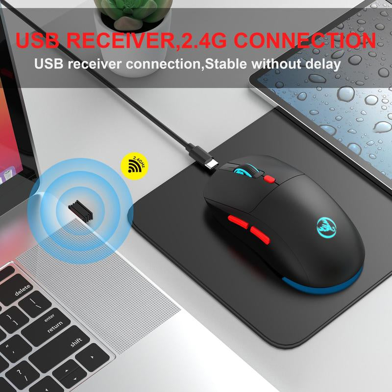 HXSJ T20 Wireless Charging Mouse, 2.4G RGB Backlight Gaming Mouse, 650Mah Battery Gaming Mouse for PC, Laptop, Mac