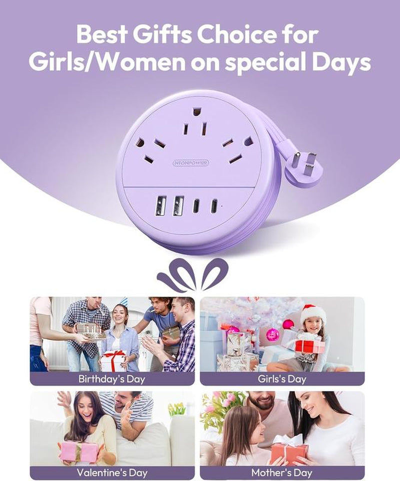 NTONPOWER Travel Power Strip — Purple round Design 3 AC Outlets + 4 USB (2 USB-C), 4Ft Wrap-Around Flat Cord, Cruise Approved Perfect Gift for Travel
