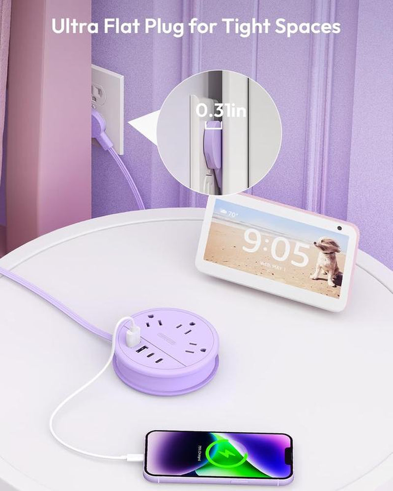 NTONPOWER Travel Power Strip — Purple round Design 3 AC Outlets + 4 USB (2 USB-C), 4Ft Wrap-Around Flat Cord, Cruise Approved Perfect Gift for Travel