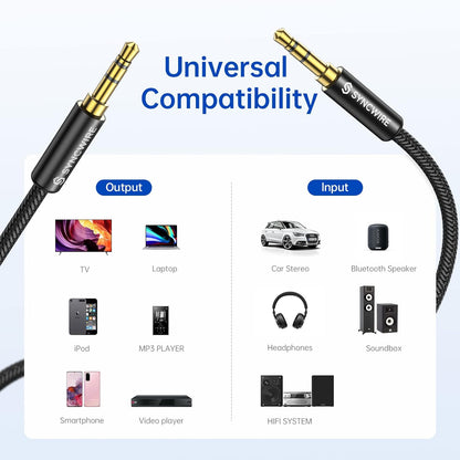 3.5Mm Aux Cable (9.8Ft/3M) Hi-Fi Sound Nylon Braided Auxiliary Audio Cable Adapter Male to Male AUX Cord for Headphones, Car, Home Stereos, Speaker, Iphone, Ipad, Ipod, Echo & More Black