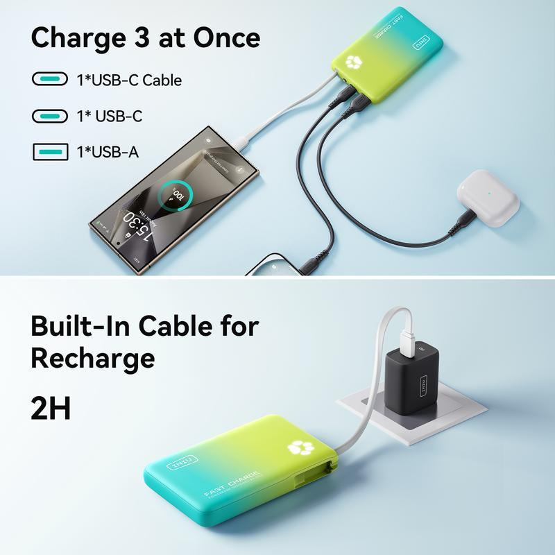 INIU Pawgo 45W Power Bank, Portable Charger, Slimmest 10000Mah Power Bank with Build in USB-C Cable, 45W PD Fast Charging USB C In&Out Battery Pack, External Phone Charger for Iphone 17 16 15 14 13 12 11 Samsung S24 S23 S22 Google Compact Handy Switch 2