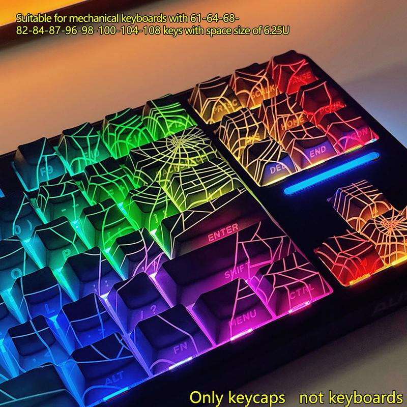 Spider Web Side Engraved Keycaps, 1 Set Transparent & Thermally Sublimated PBT Keycaps, Keyboard Accessories for Mechanical Keyboards