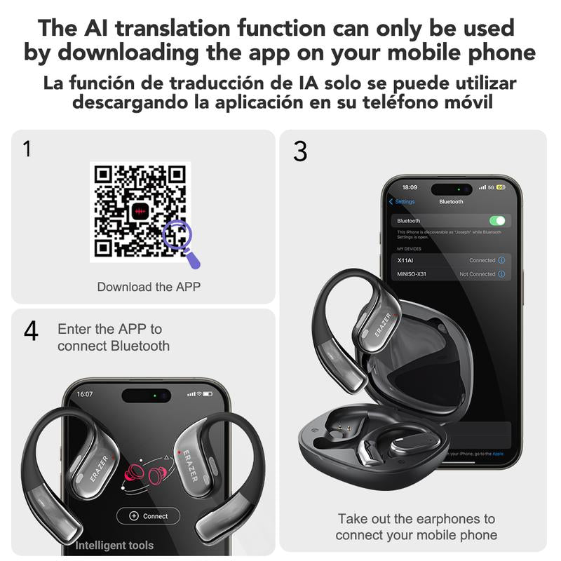 ERAZER X11 AI Translation Earbuds with APP Support 134 Languages Real Time Translate OWS Open-Ear Headphones Wireless Bluetooth 5.4 Earbuds with HD Mic Waterproof Earphones Gaming with Low Latency