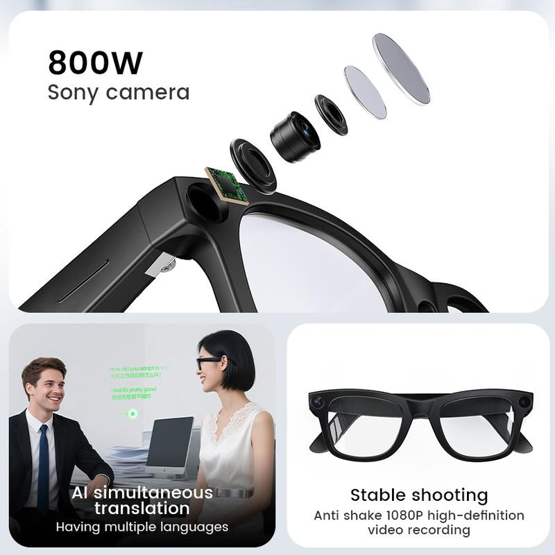 Evomi Touch-Control Bluetooth Smart Glasses Camera Withhd Cameras Bluetooth Voice Communicationlightweight Design Dual Interchangeablelenses Day Night Switch Surround Soundspeakers Device Wearable Bluetooth Glasses Black