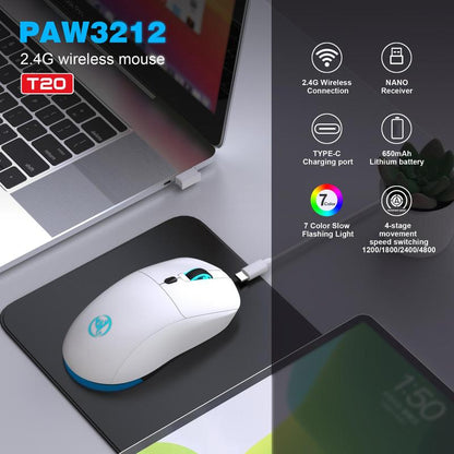 HXSJ T20 Wireless Charging Mouse, 2.4G RGB Backlight Gaming Mouse, 650Mah Battery Gaming Mouse for PC, Laptop, Mac