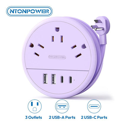 NTONPOWER Travel Power Strip — Purple round Design 3 AC Outlets + 4 USB (2 USB-C), 4Ft Wrap-Around Flat Cord, Cruise Approved Perfect Gift for Travel