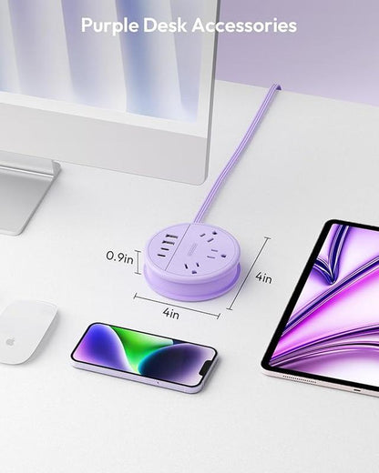 NTONPOWER Travel Power Strip — Purple round Design 3 AC Outlets + 4 USB (2 USB-C), 4Ft Wrap-Around Flat Cord, Cruise Approved Perfect Gift for Travel