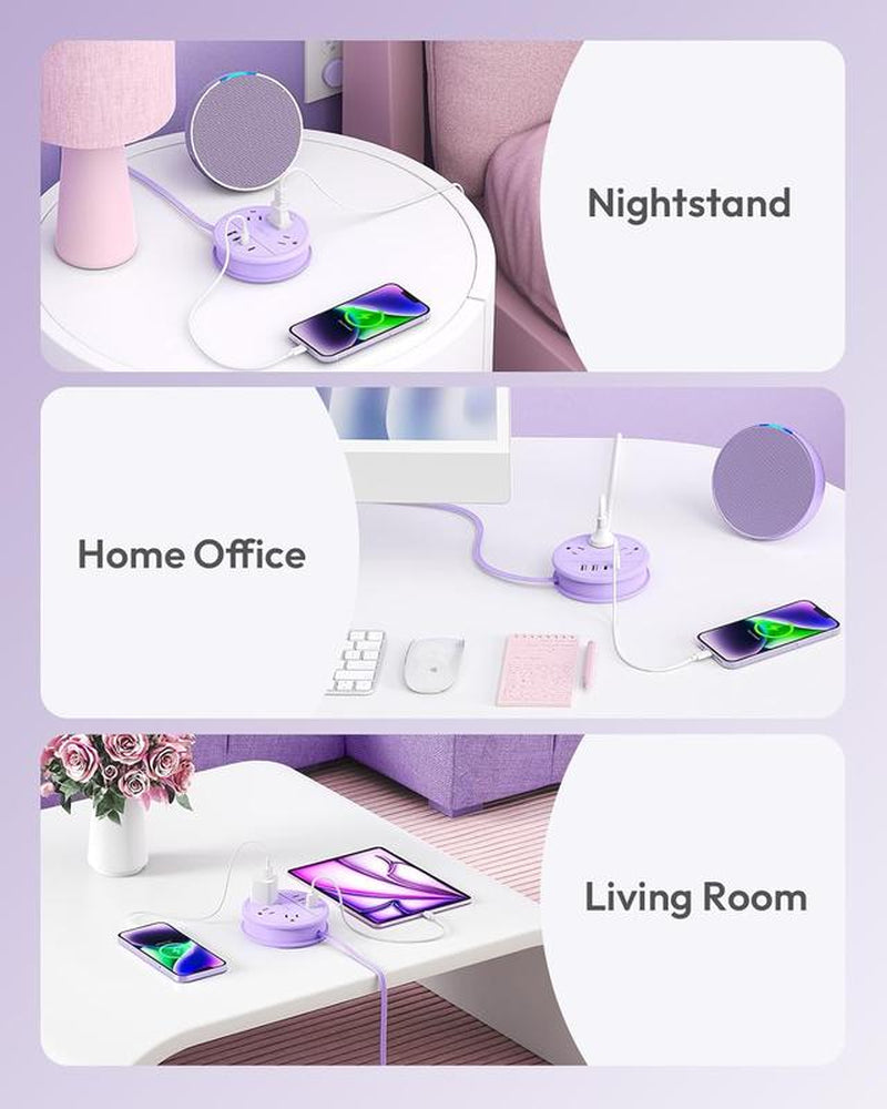 NTONPOWER Travel Power Strip — Purple round Design 3 AC Outlets + 4 USB (2 USB-C), 4Ft Wrap-Around Flat Cord, Cruise Approved Perfect Gift for Travel