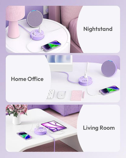 NTONPOWER Travel Power Strip — Purple round Design 3 AC Outlets + 4 USB (2 USB-C), 4Ft Wrap-Around Flat Cord, Cruise Approved Perfect Gift for Travel