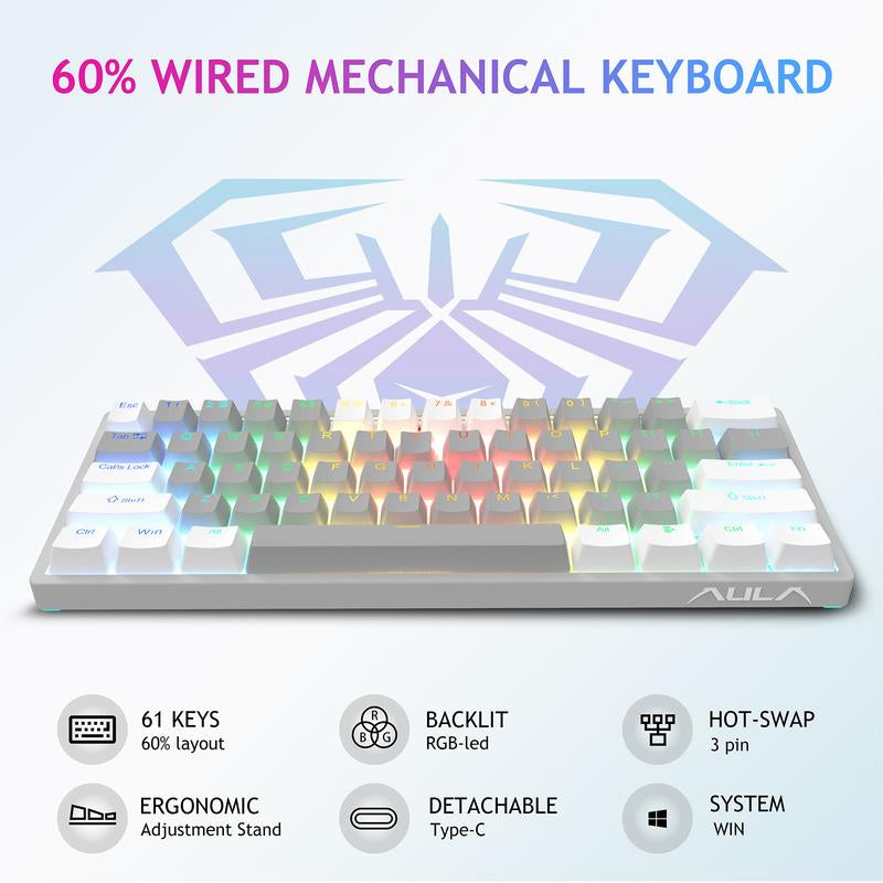 AULA F3261 60 Percent Wired Blue Switch Mechanical Gaming Keyboard, 29 RGB Backlight, Hot Swappable, Mini Small Compact, Office Gaming Rainbow Backlit, Budget Cheap Keyboard Computer PC Accessories College School Supplies Back to School Fallfreshness